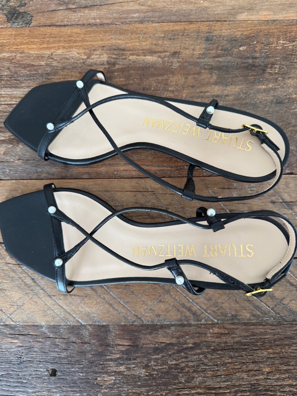 Stuart Weitzman Black Strappy Sandals with Pearl Accents